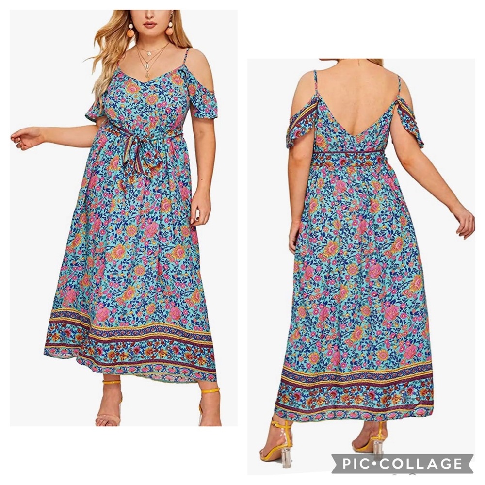 Cold Shoulder Fit and Flare Bohemian Style Maxi Dress
